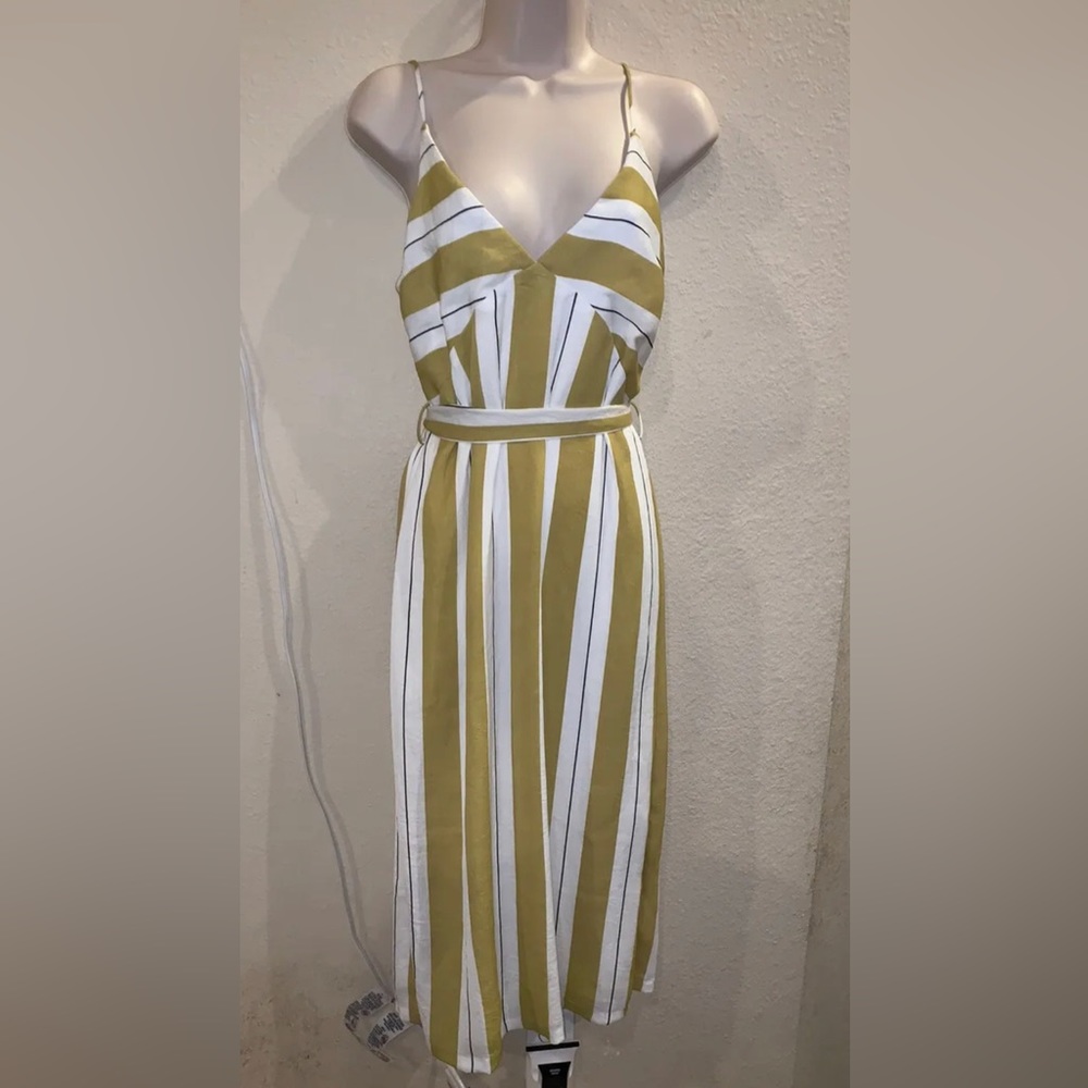 Dee Elly Nordstrom Mustard Yellow White Striped Belted MIDI Dress Size M